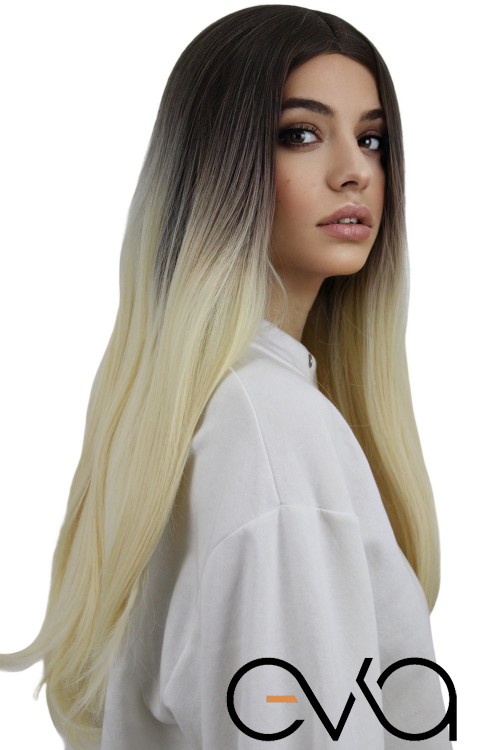 Eva Peruk Düz Fiber Sentetik Peruk Kestane Platin Ombreli