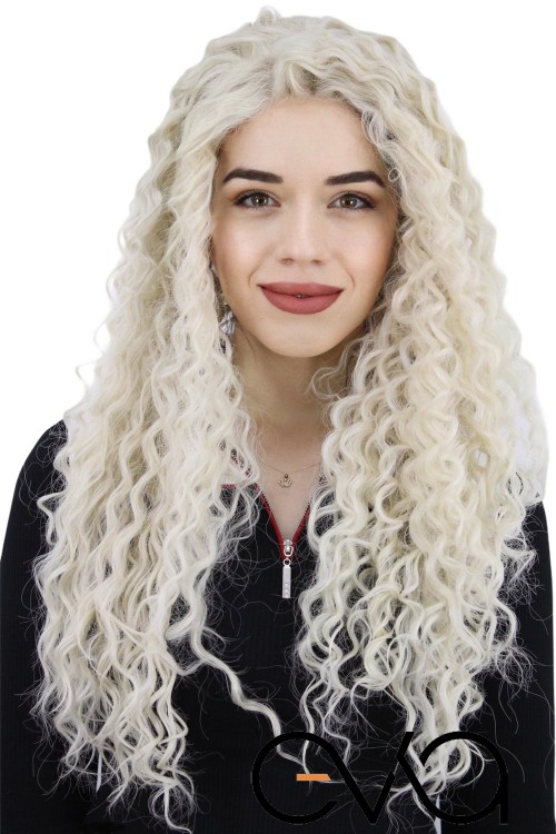 Afro Dalgalı Tül Peruk Beyaz Platin 300 Gr 70 Cm