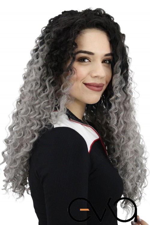 Afro Dalgalı Tül Peruk Siyah Gri Ombreli 300 Gr 70 Cm
