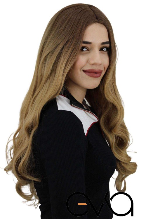 Eva Peruk Dalgalı Fiber Sentetik Peruk Açık Kumral Karamel Ombreli