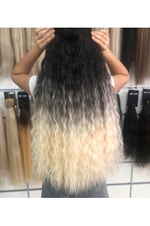Eva Peruk 175 Gr 65 Cm Su Dalgalı Fiber Yarımay Koyu Kestane Platin Ombreli