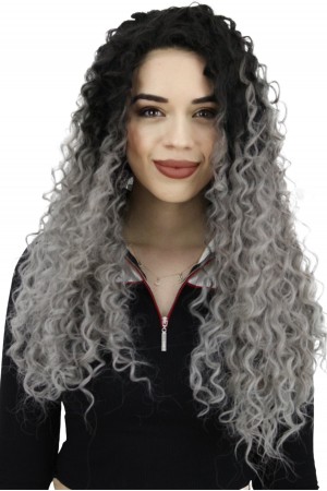 Afro Dalgalı Tül Peruk Siyah Gri Ombreli 300 Gr 70 Cm